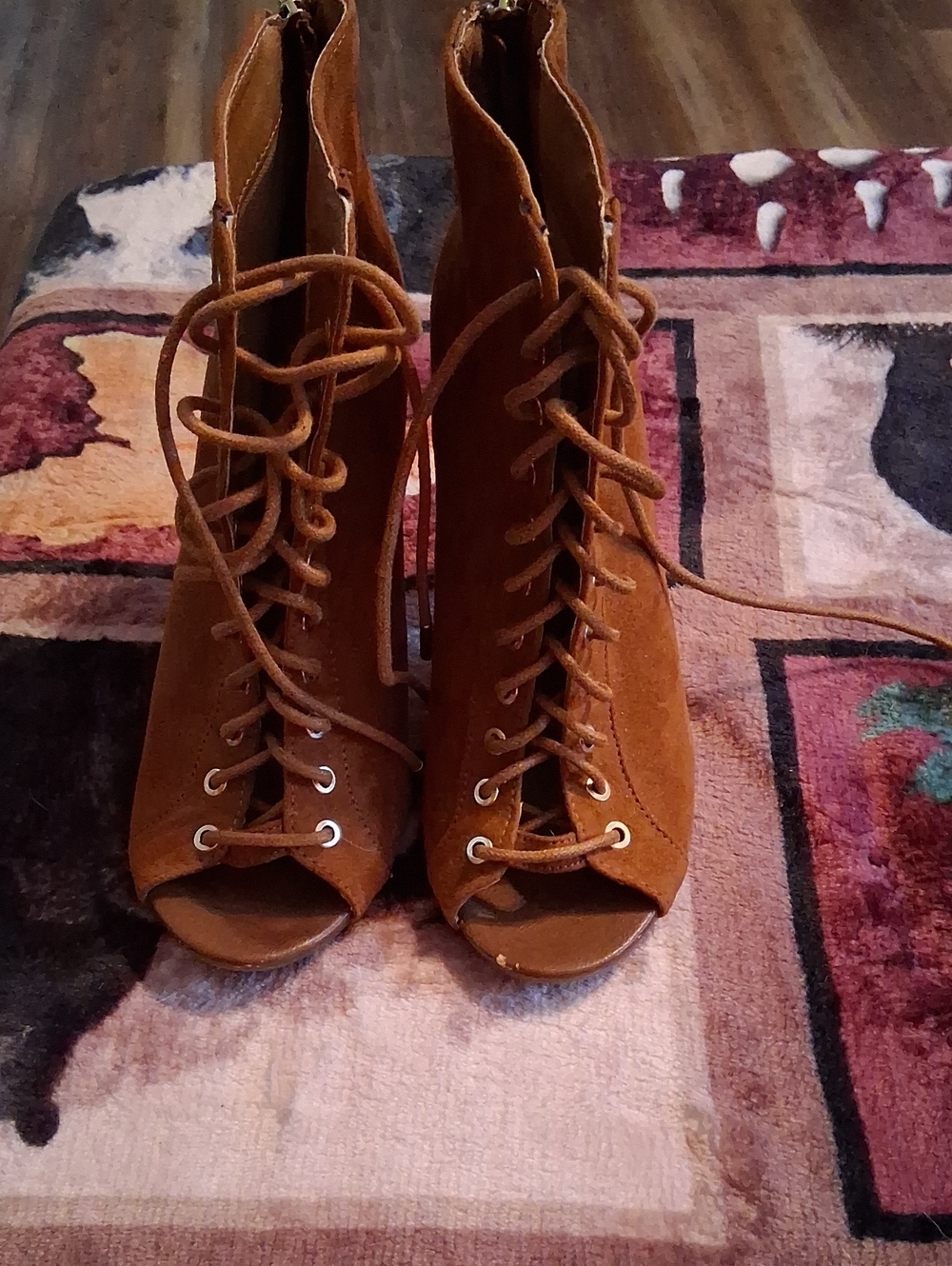 BAMBOO Tan Lace-Up Peep Toe Ankle Heels